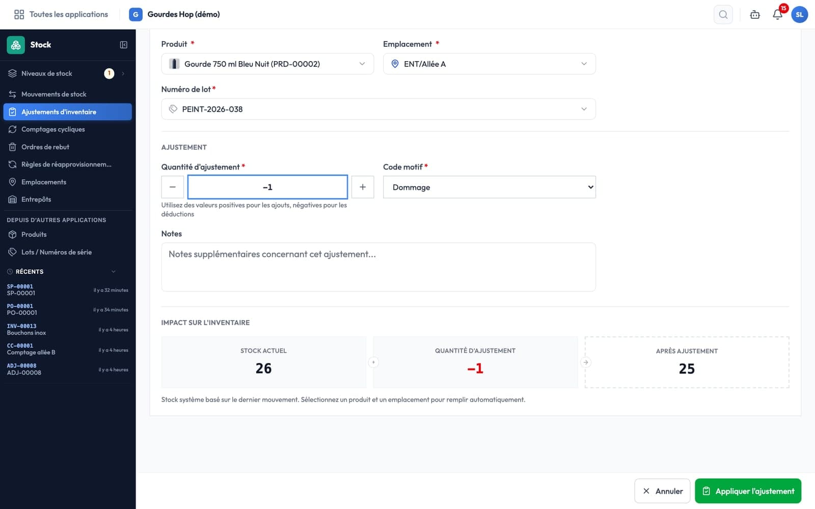 Formulaire d'ajustement d'inventaire dans Qualis ERP avec le stock actuel, la quantité après ajustement et le code motif