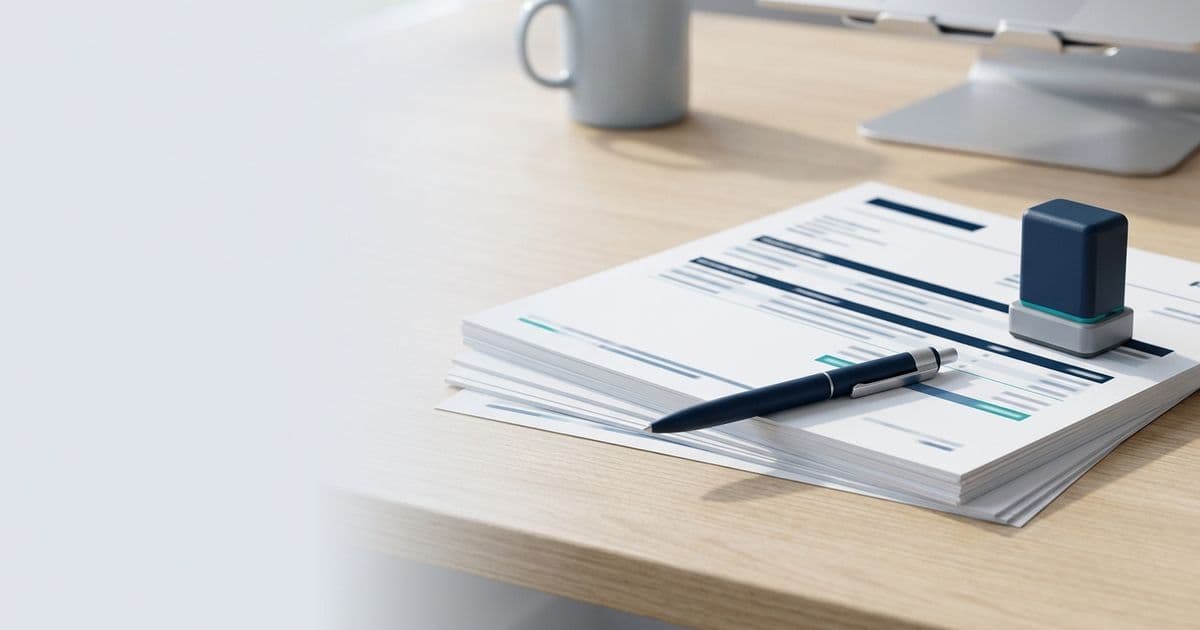 Un bon de commande posé sur un bureau à côté d'un stylo et d'un tampon d'approbation, pour illustrer le circuit de validation des achats