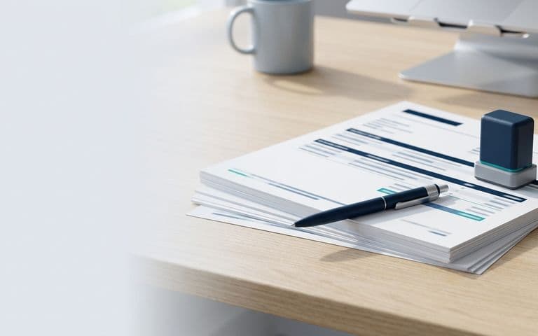 Un bon de commande posé sur un bureau à côté d'un stylo et d'un tampon d'approbation, pour illustrer le circuit de validation des achats