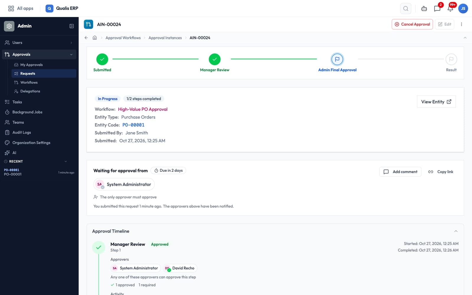 Approval request detail in Qualis: Waiting for approval from panel and the Approval Timeline of a two-level purchase order approval