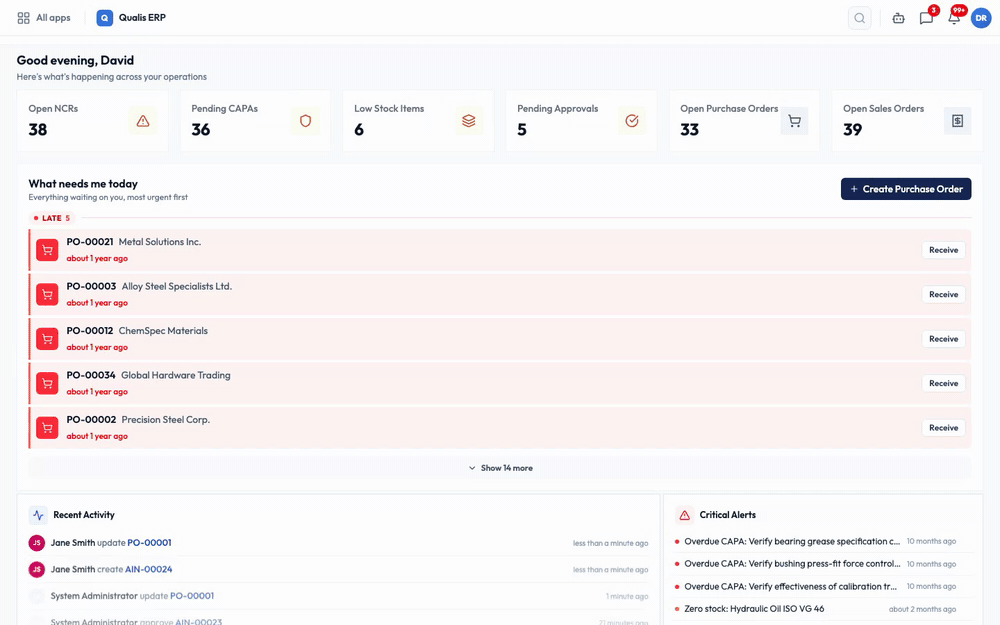 GIF: an approver opens the Approval Required notification from the bell, lands on the approval request and approves the purchase order step