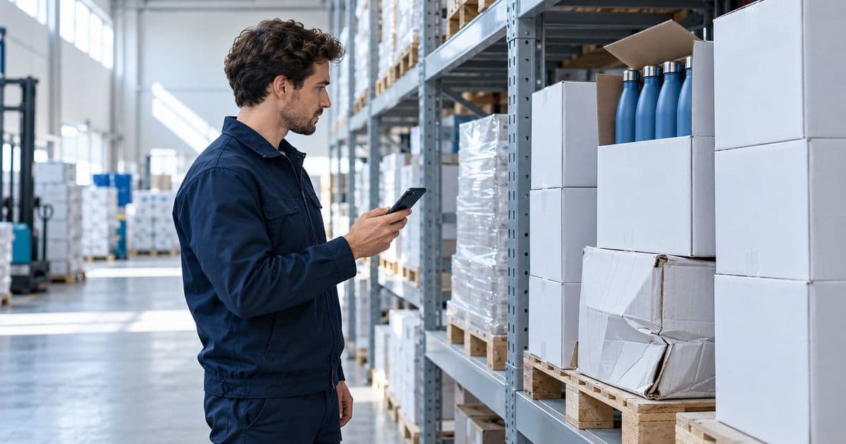 Magasinier dans une allée d'entrepôt tenant un téléphone devant des cartons de gourdes empilés sur un rayonnage, l'un des cartons écrasé au pied de l'allée