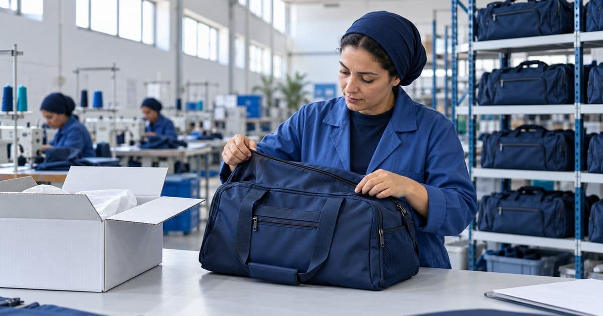 Responsable logistique examinant un sac de sport renvoyé par un client, posé sur une table de contrôle à côté d'un carton ouvert dans un atelier de maroquinerie