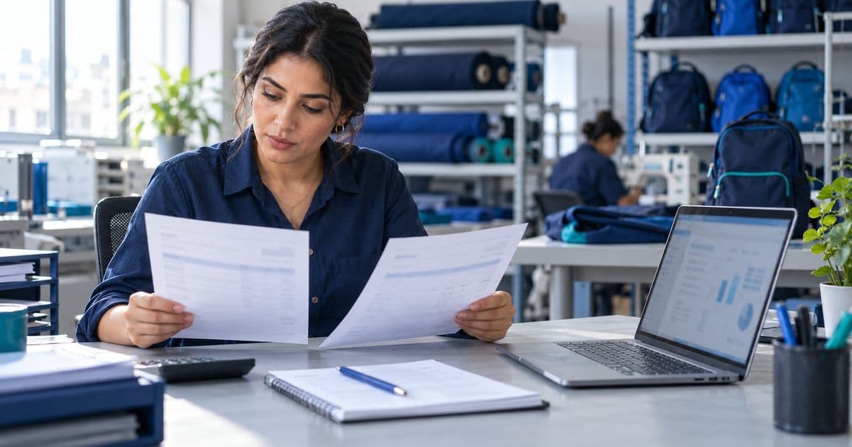 Une comptable d'un atelier de maroquinerie compare une facture d'acompte et une facture de solde sur son bureau