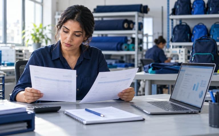 Une comptable d'un atelier de maroquinerie compare une facture d'acompte et une facture de solde sur son bureau
