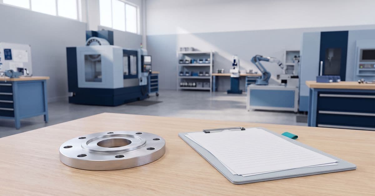 A machined metal flange next to a blank costing clipboard on a workbench in a clean machine shop, ready for a standard cost rollup