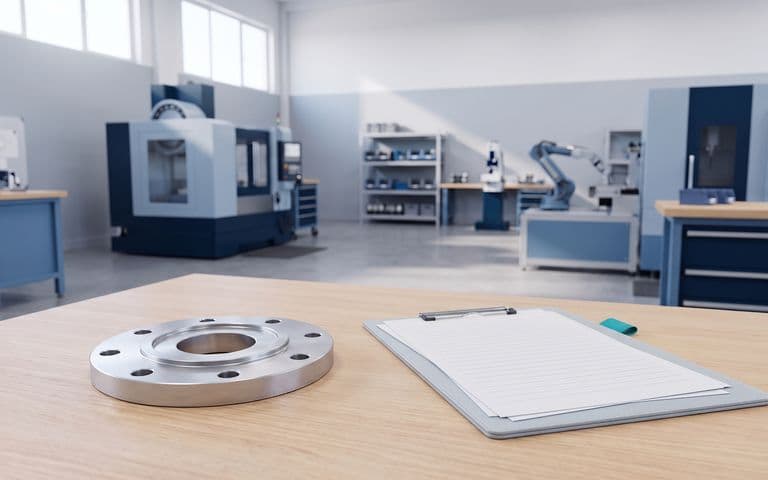 A machined metal flange next to a blank costing clipboard on a workbench in a clean machine shop, ready for a standard cost rollup