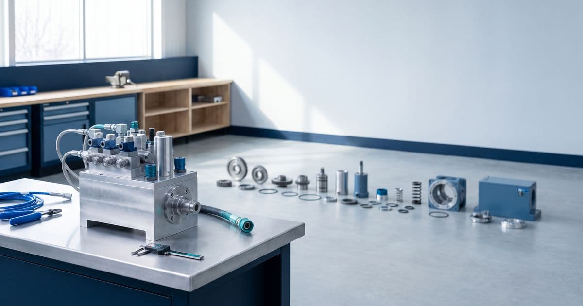 Pièces usinées et composants alignés avec soin dans un atelier de fabrication propre, image d'un stock suivi dont une part est réservée aux commandes