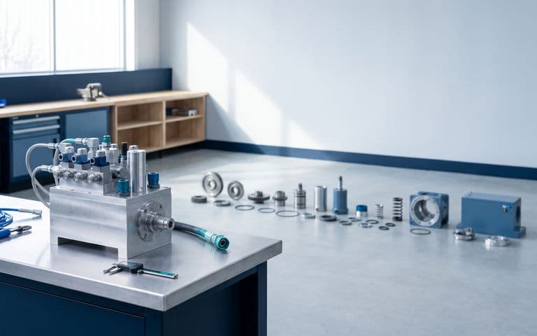 Pièces usinées et composants alignés avec soin dans un atelier de fabrication propre, image d'un stock suivi dont une part est réservée aux commandes