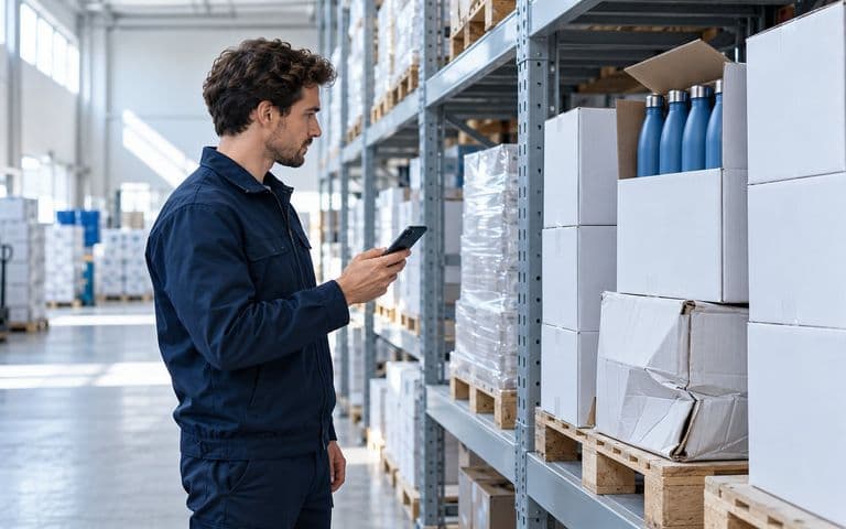 A tidy modern warehouse aisle with neatly organized labeled parts bins on steel shelving, representing automatic inventory replenishment software
