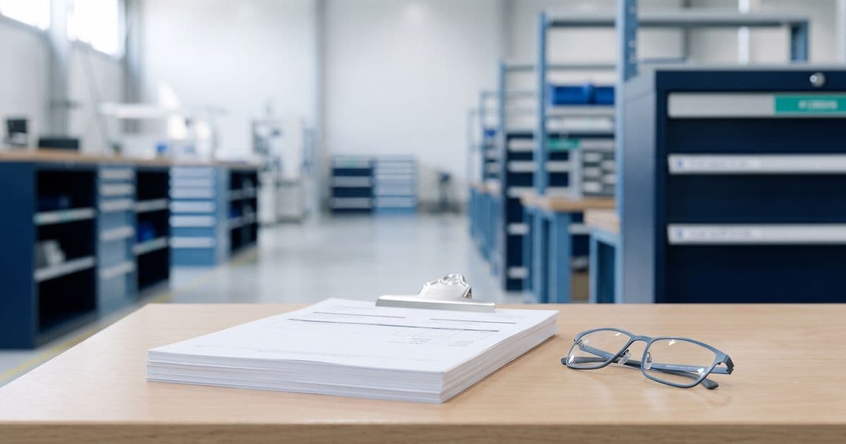 Une facture finalisée sur un porte-bloc posé sur un établi, dans un atelier de fabrication propre et rangé, pour illustrer la facture d'acompte dans l'industrie