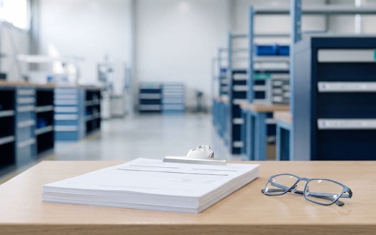 Une facture finalisée sur un porte-bloc posé sur un établi, dans un atelier de fabrication propre et rangé, pour illustrer la facture d'acompte dans l'industrie