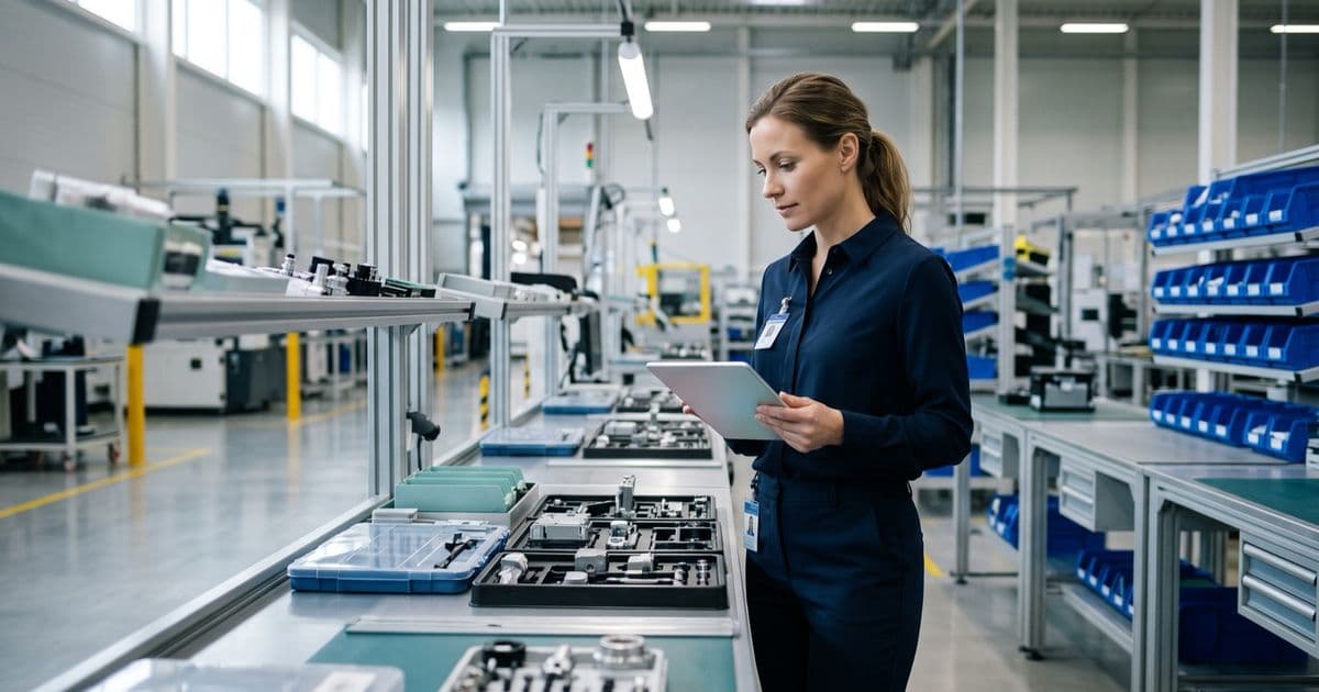Responsable de production d'un petit atelier métallique comparant deux classeurs de procédures sur un établi, presses floues à l'arrière-plan