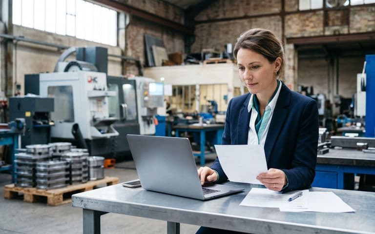 Une responsable administrative d'un atelier de mécanique compare un bon de livraison et une facture sur son ordinateur, près d'une machine-outil