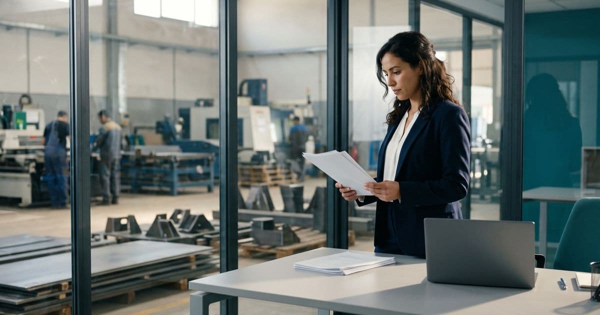 Une assistante administrative d'une petite usine marocaine vérifie des factures imprimées dans un bureau vitré donnant sur l'atelier