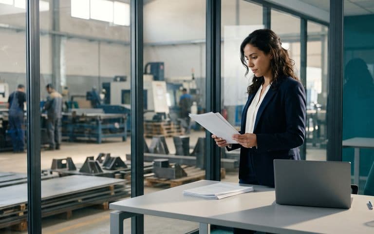 Une assistante administrative d'une petite usine marocaine vérifie des factures imprimées dans un bureau vitré donnant sur l'atelier