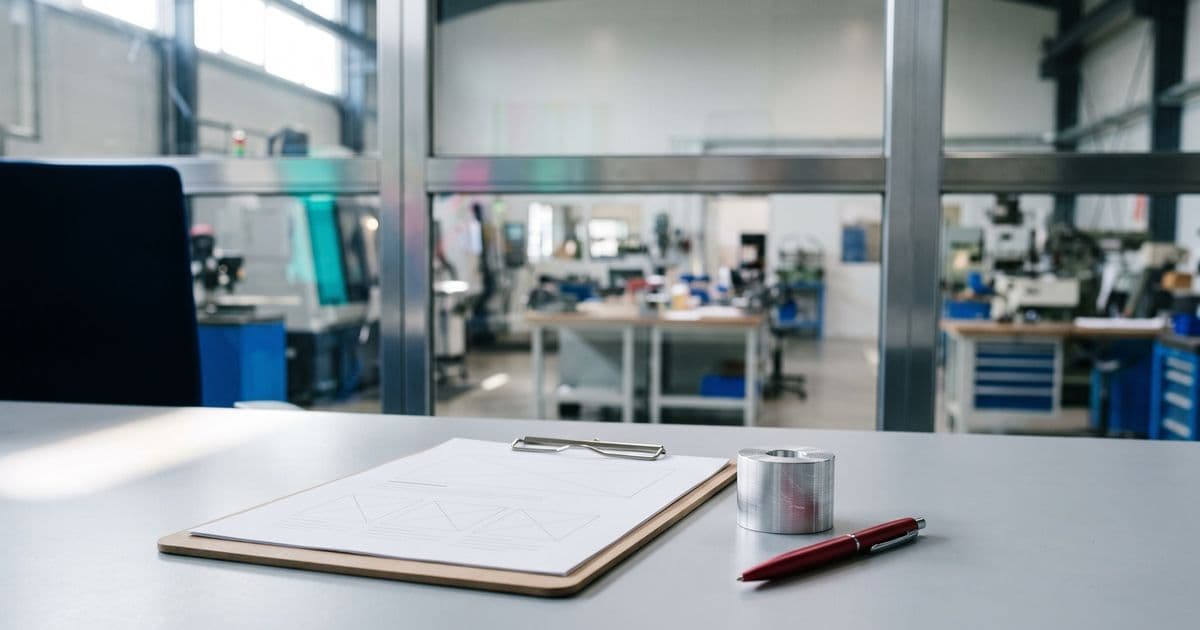 Caisse rouge de pièces en aluminium tournées écartées sur un établi de contrôle qualité, à côté d'un porte-bloc avec un formulaire vierge, d'un stylo et d'un micromètre