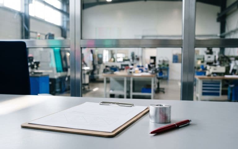 Caisse rouge de pièces en aluminium tournées écartées sur un établi de contrôle qualité, à côté d'un porte-bloc avec un formulaire vierge, d'un stylo et d'un micromètre