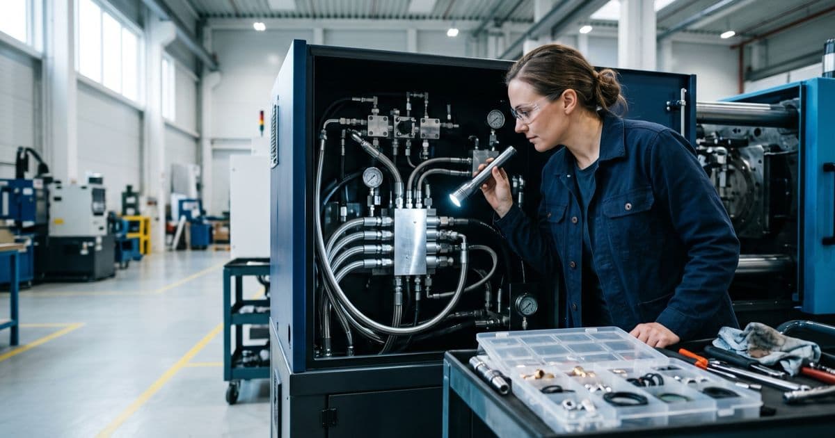 Technicien de maintenance inspectant le vérin hydraulique d'une presse à injecter dans un petit atelier de plasturgie, un chariot de pièces de rechange à côté de lui
