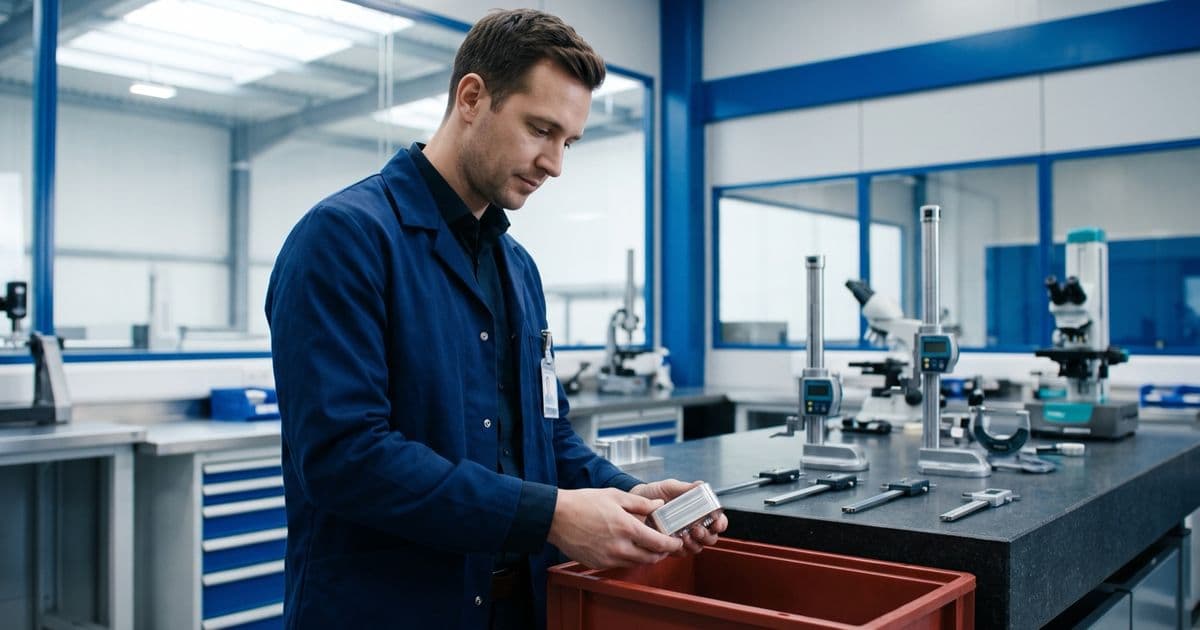 Technicienne qualité mesurant un support métallique au pied à coulisse à côté d'un bac de pièces isolées dans un atelier de mécanique