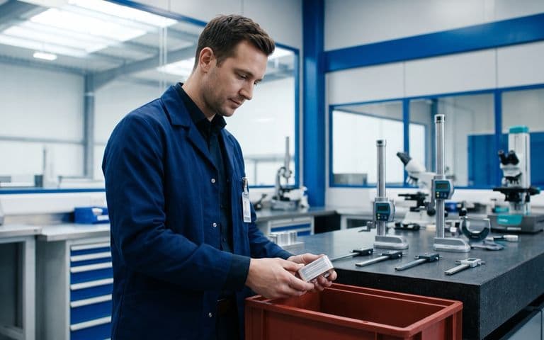 Technicienne qualité mesurant un support métallique au pied à coulisse à côté d'un bac de pièces isolées dans un atelier de mécanique