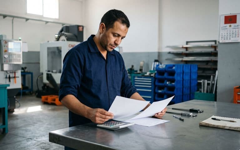 Dirigeant d'un atelier de mécanique comparant des devis papier sur un établi, machines-outils floues à l'arrière-plan
