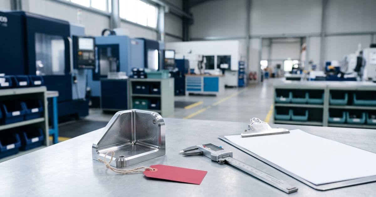 Support métallique usiné portant une étiquette rouge de quarantaine, posé avec un pied à coulisse et un porte-bloc sur une table en inox, centres d'usinage en arrière-plan