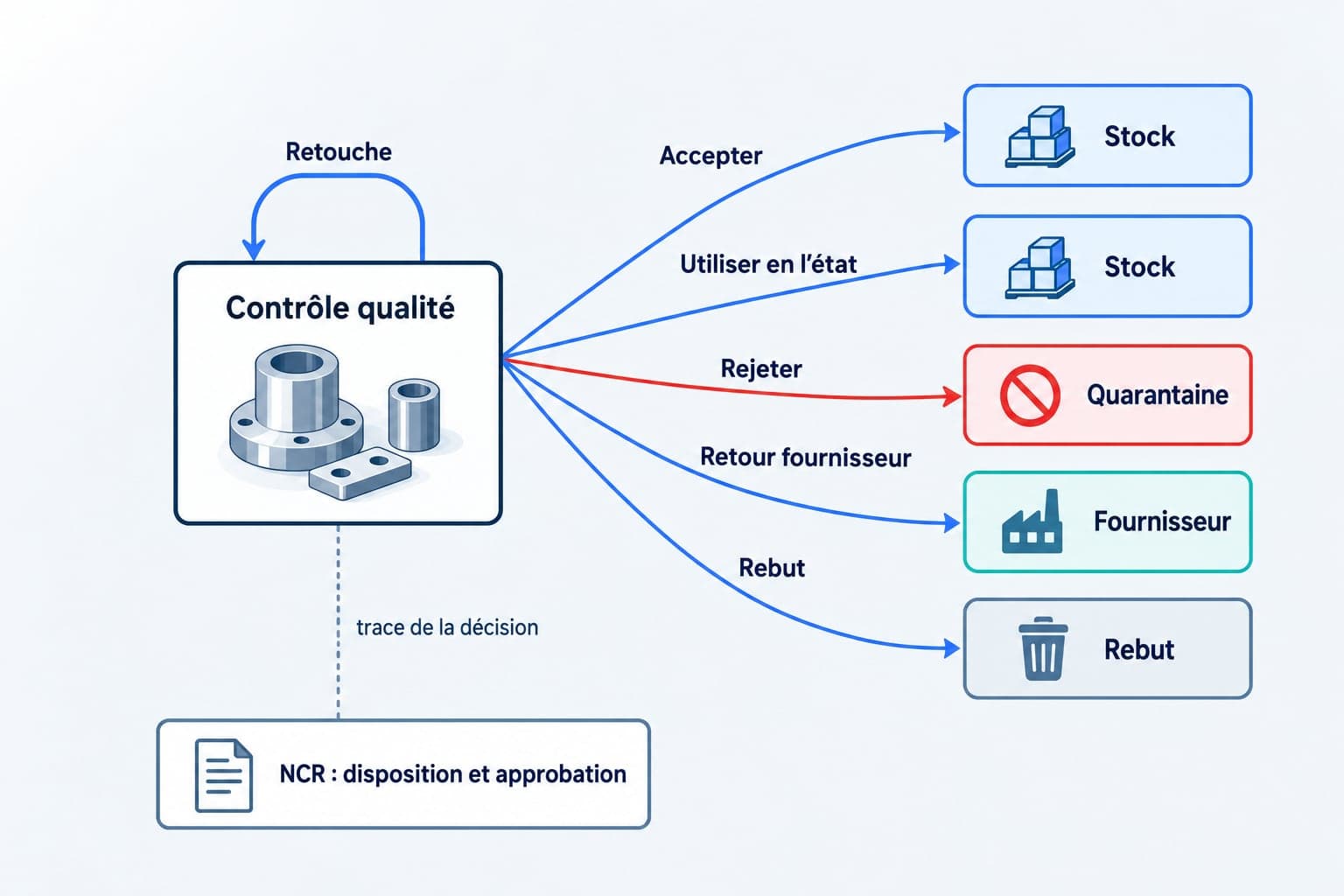 Schéma : la décision d'inspection déplace le stock vers rangement, quarantaine, retour fournisseur ou rebut, la disposition de la NCR documente la décision
