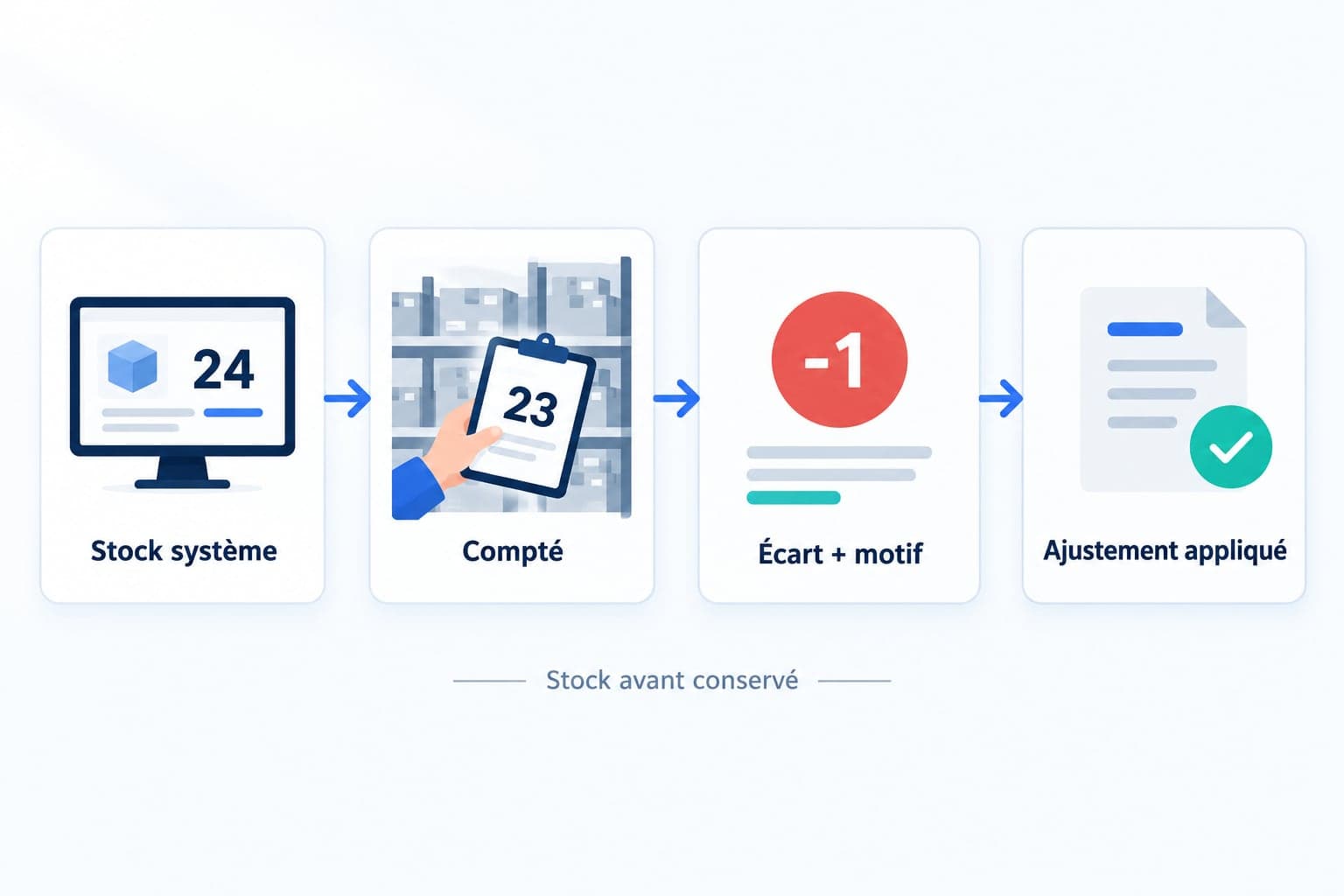 Un écart de comptage en quatre étapes : stock système, quantité comptée, écart avec son motif, ajustement appliqué