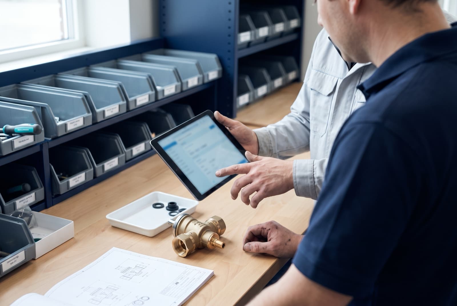 A manufacturing engineer and a team lead reviewing an engineering change on a tablet beside a partly assembled control valve