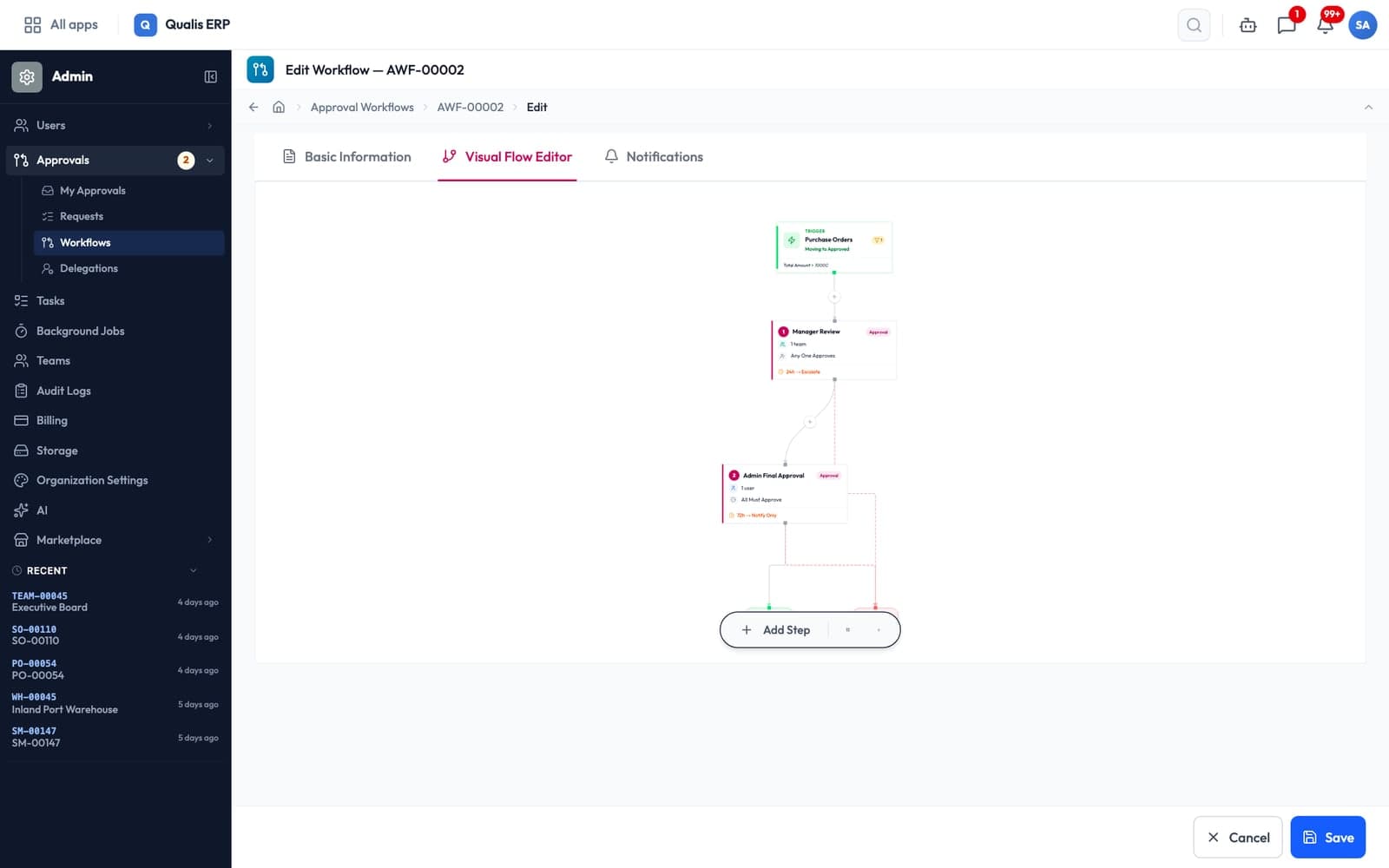 Visual flow editor of a multi-level purchase order approval: trigger, Manager Review, Admin Final Approval, then Approved and Rejected