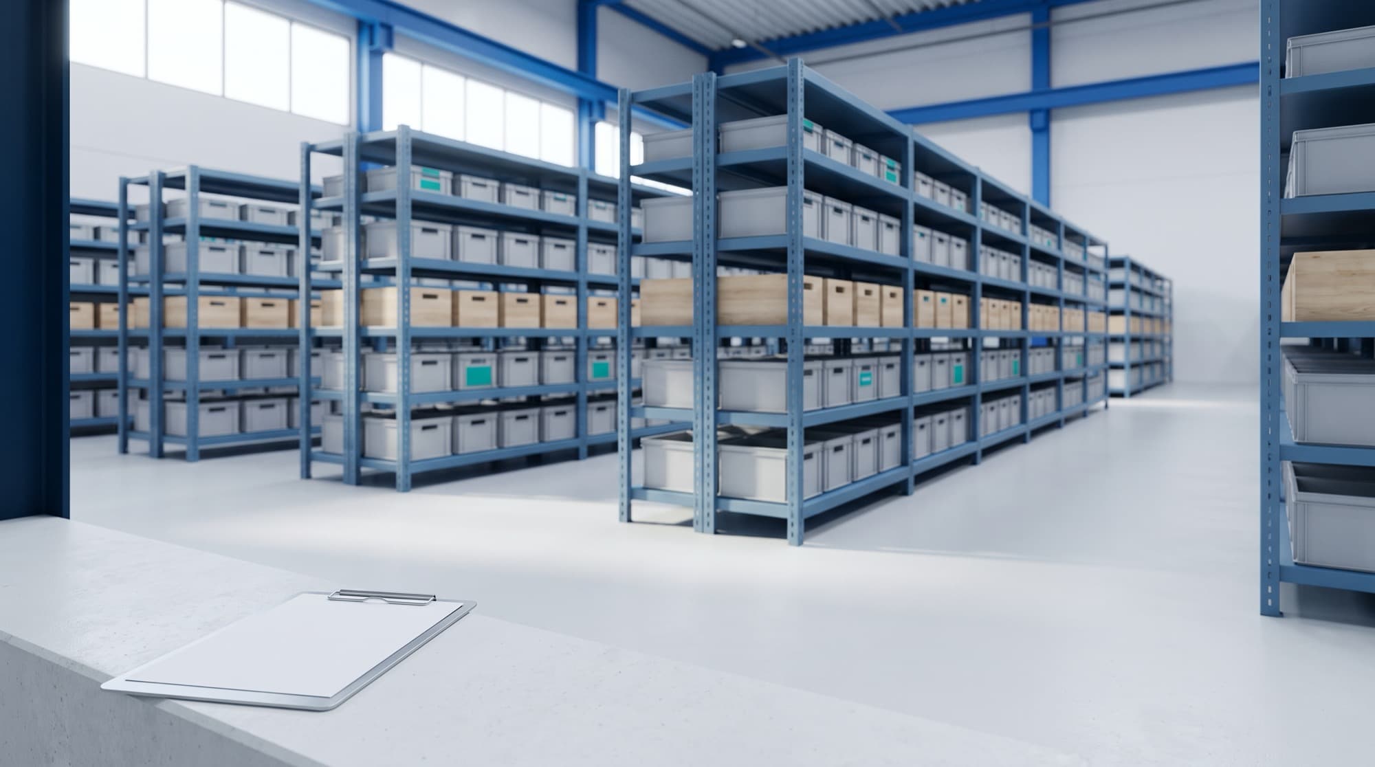 Warehouse aisle of labeled storage bins with an empty clipboard on a bench, the setting for a cycle count