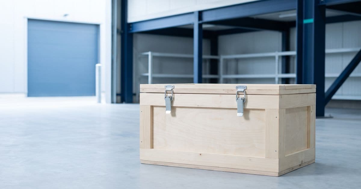 Caisse d'expédition en bois fermée par deux loquets métalliques, posée au sol d'un entrepôt industriel vide