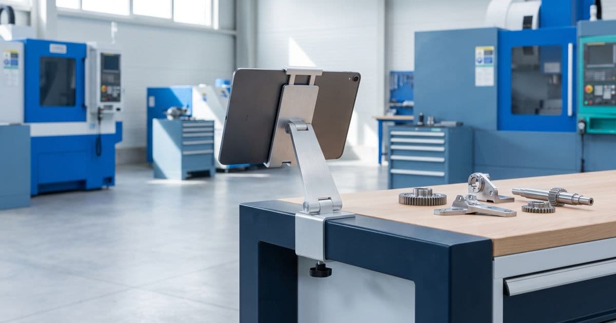 Tablette sur support fixée à un établi, à côté de pièces usinées, devant des machines-outils à commande numérique dans un atelier lumineux