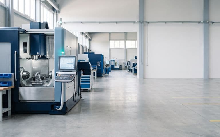 Allée dégagée d'un atelier d'usinage moderne, avec un centre d'usinage CNC au premier plan, pour illustrer le plan de charge atelier