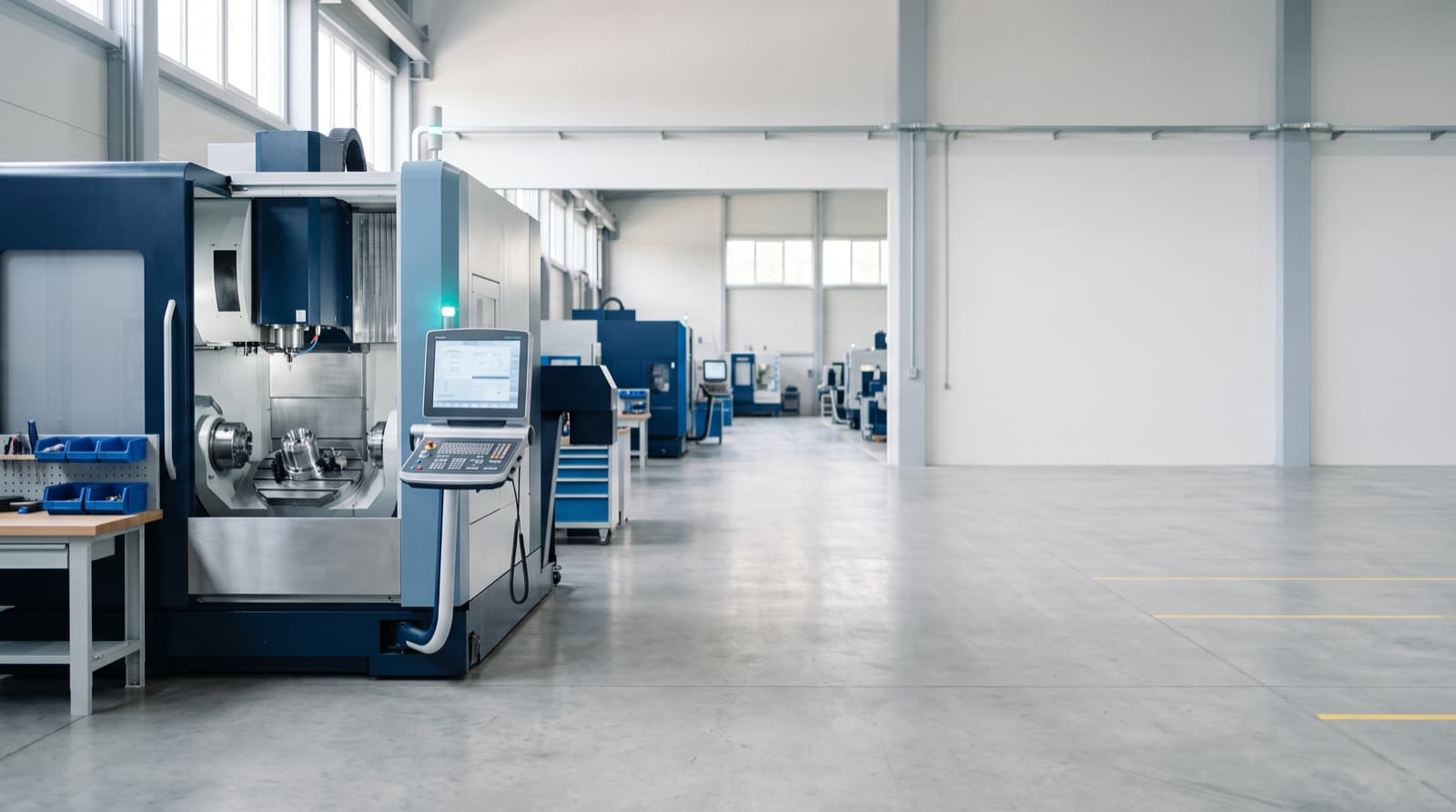 Allée dégagée d'un atelier d'usinage moderne, avec un centre d'usinage CNC au premier plan, pour illustrer le plan de charge atelier