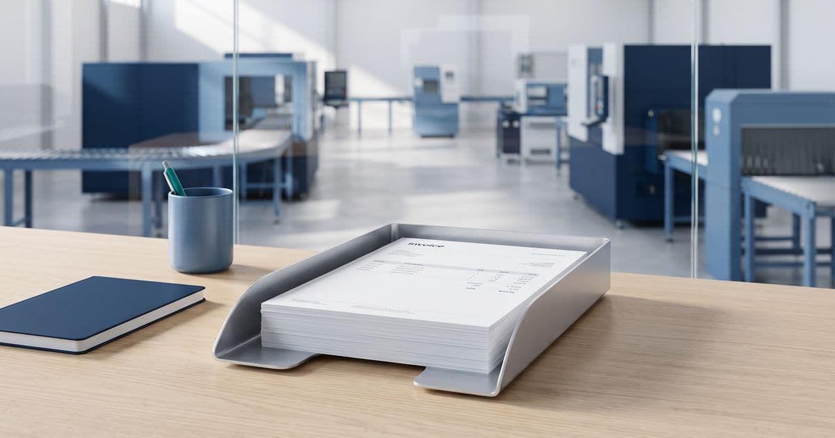 Une pile de factures dans une corbeille à courrier en métal, posée sur un bureau en bois devant un atelier de fabrication aux machines bleues