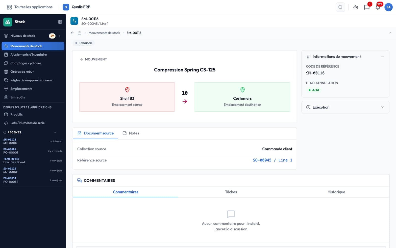 Détail d'un mouvement de stock de type Livraison dans Qualis ERP, avec la commande client en document source