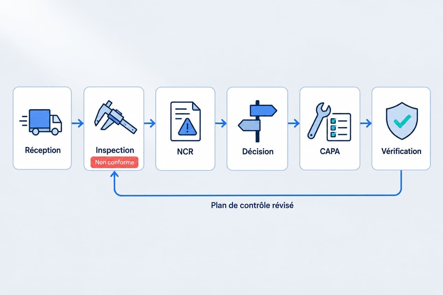 Parcours d'une non-conformité dans un logiciel de gestion des non-conformités : réception, inspection, NCR, décision, CAPA, vérification d'efficacité