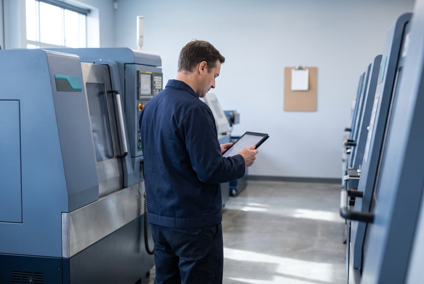 A maintenance planner reviewing equipment usage on a tablet beside a CNC machine, with an unused clipboard hanging on the wall behind