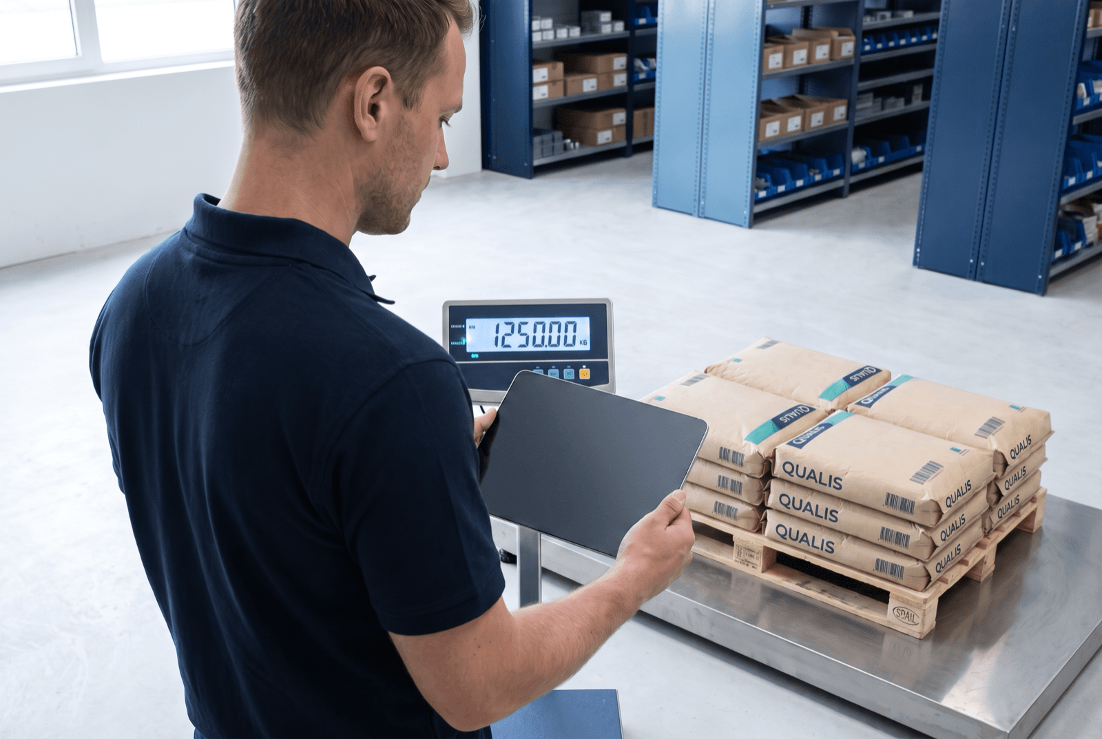 Un magasinier au poste de réception contrôle une palette de sacs posée sur une balance au sol qui affiche 1 250,00, tablette en main
