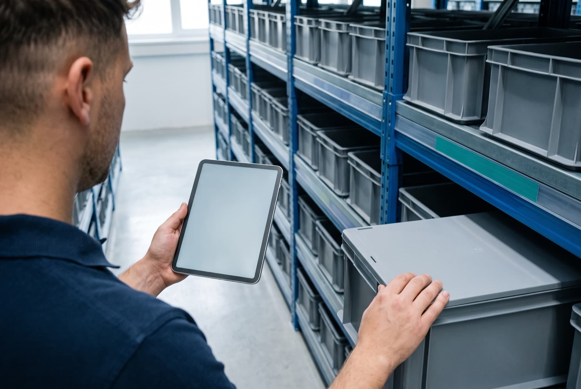 Un gestionnaire de stock retire un bac d'une étagère, une tablette à la main, pendant un inventaire tournant de routine