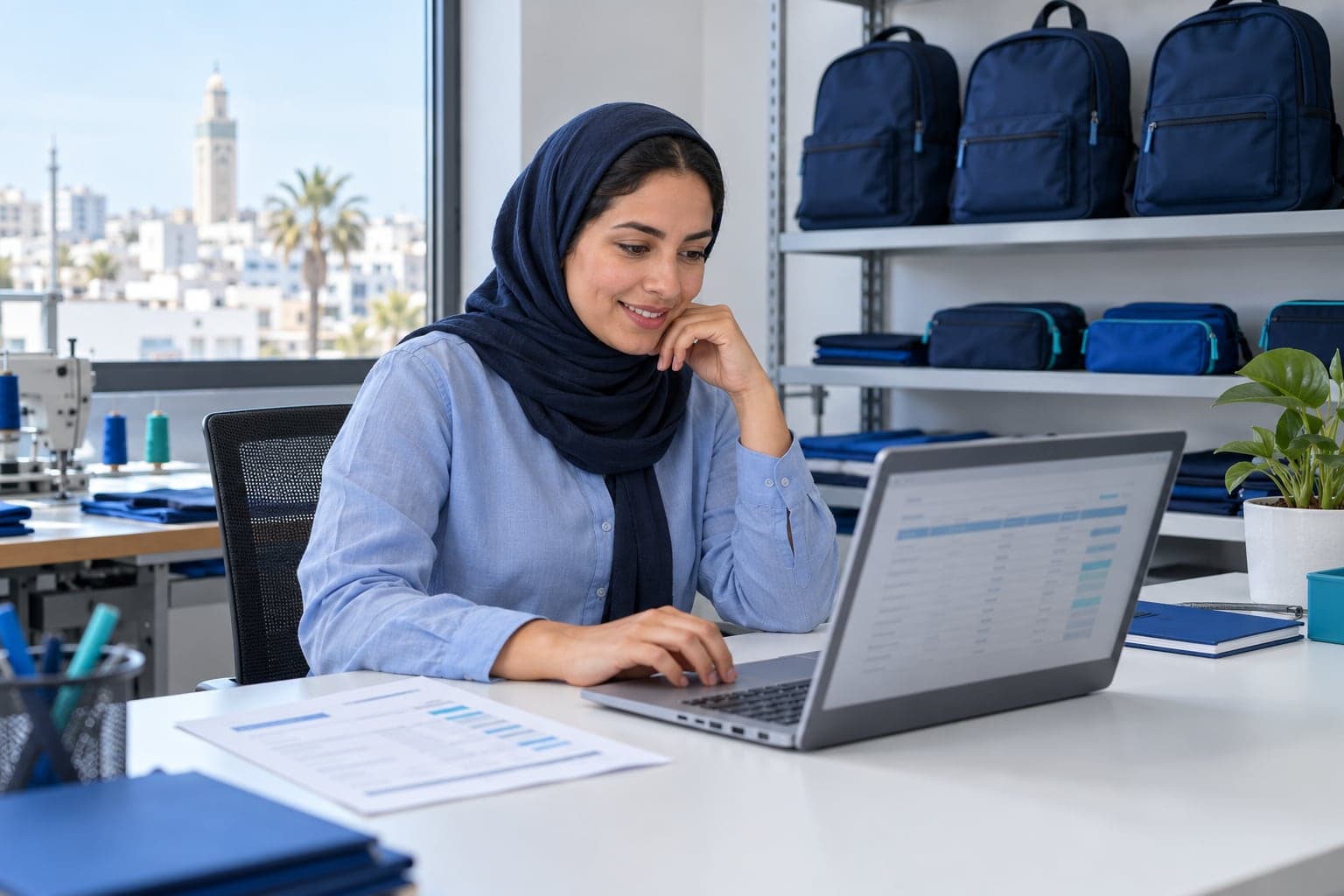 Une comptable prépare la facture de solde d'une commande de sacs scolaires dans le bureau d'un atelier