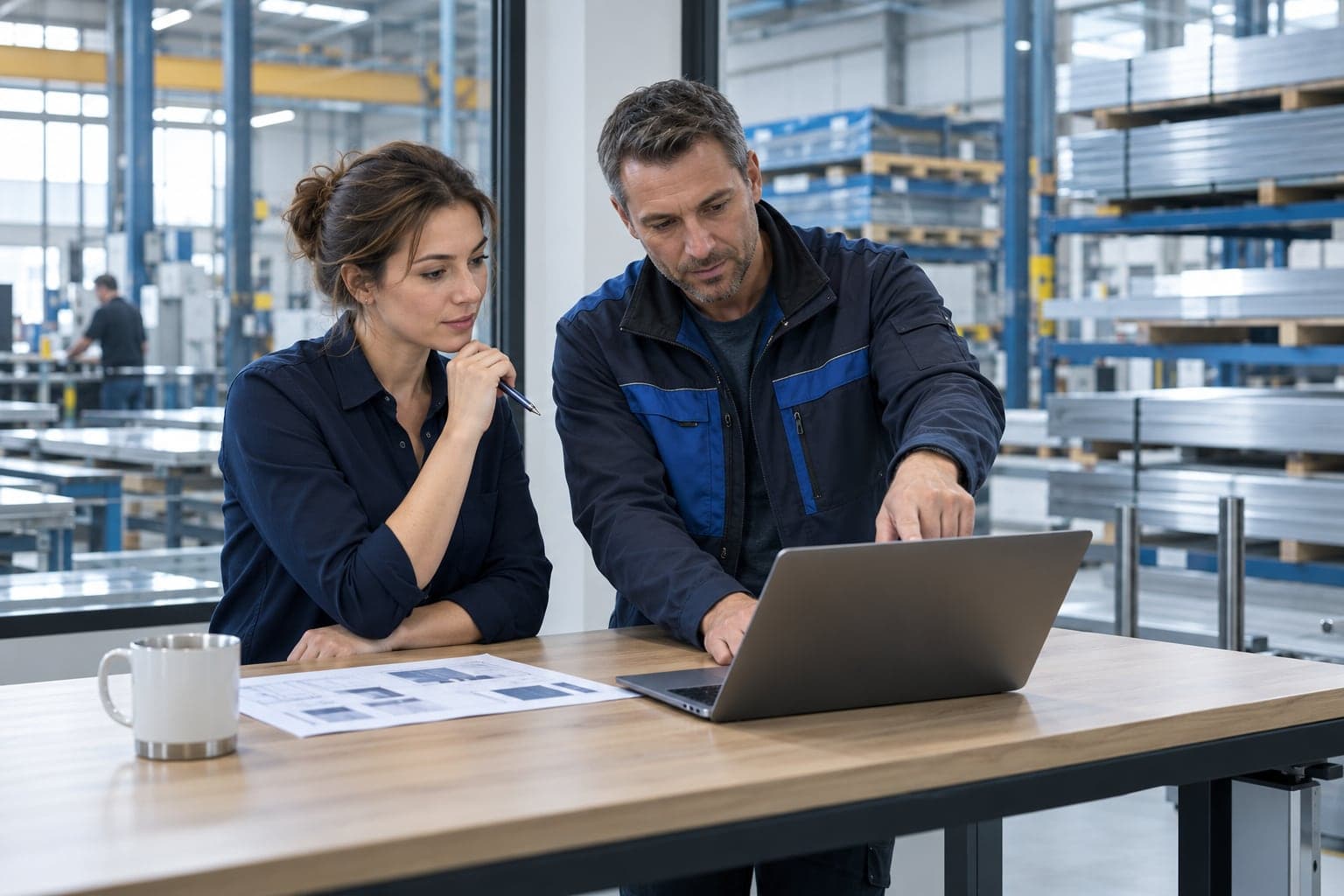 A buyer and a plant manager standing at a desk in a fabrication shop, going over a purchase order on a laptop