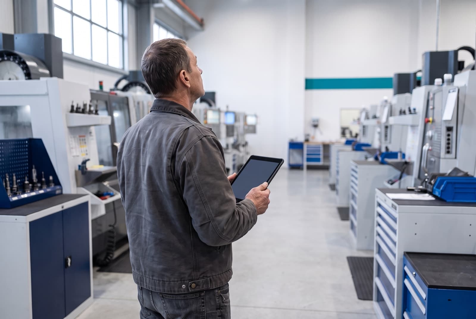 Production planner reviewing capacity on a tablet in a machine shop aisle