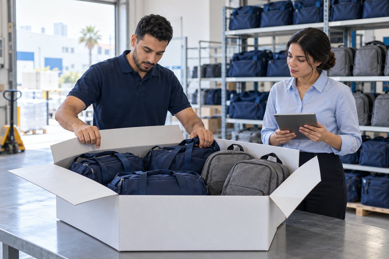 Magasinière contrôlant un sac de sport renvoyé par un client sur une table de contrôle, carton de retour ouvert à côté