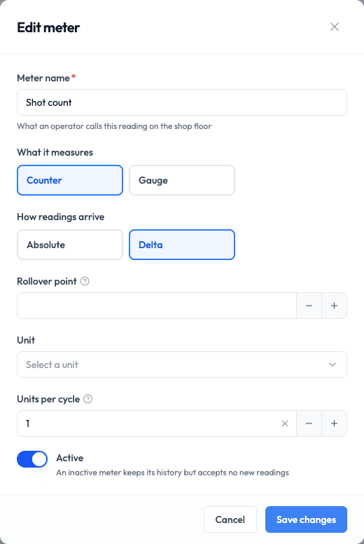Qualis meter settings dialog with counter and gauge types, absolute and delta reading modes, rollover point and units per cycle