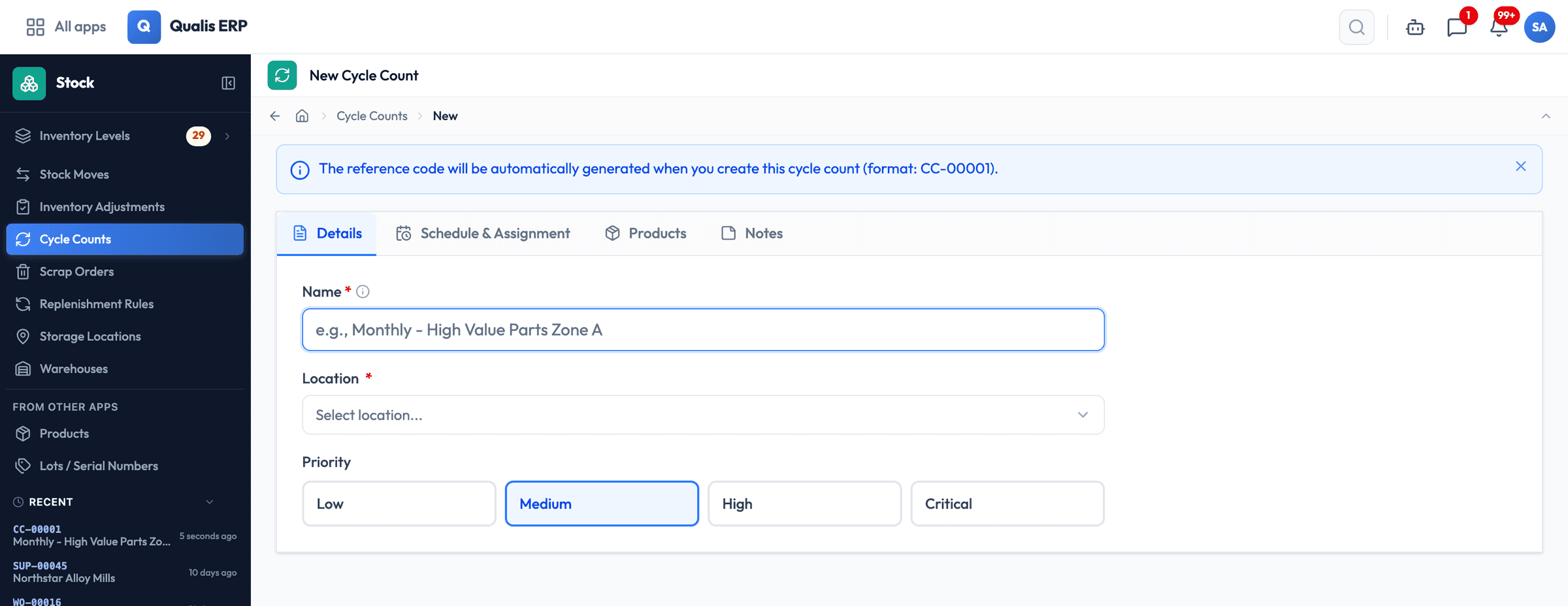 The New Cycle Count form in Qualis ERP showing the Details tab with name, location picker and priority options