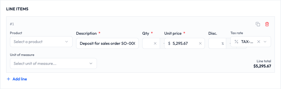 Une ligne d'acompte unique créée automatiquement depuis une commande client sur une facture d'acompte Qualis ERP