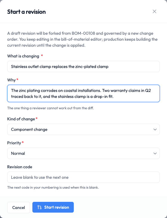 Start a revision dialog in Qualis asking what is changing, why, the kind of change, priority and the next revision code